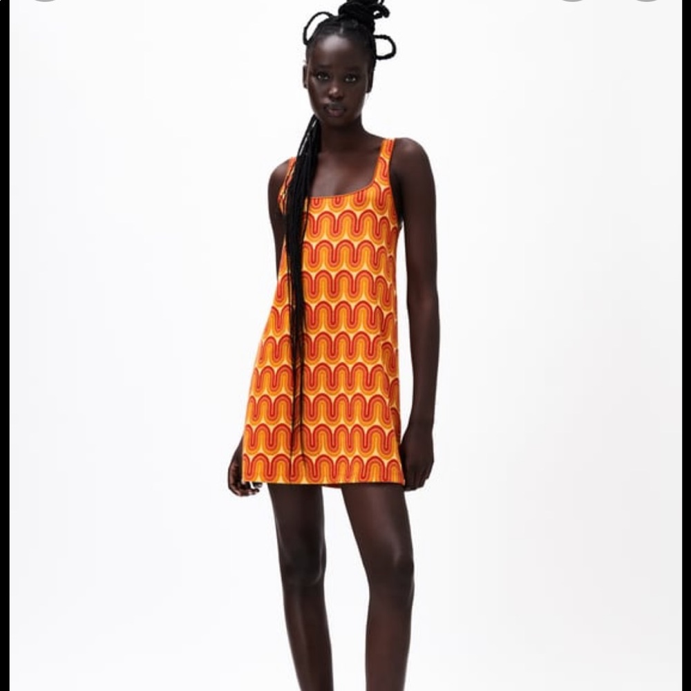 Zara Orange 70s pattern printed mini dress size S